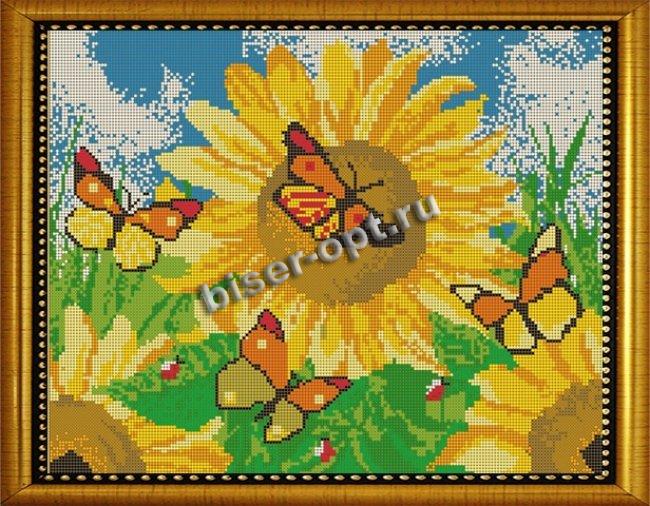 ВЛ-014П "Бабочки на подсолнухах" 38*30см набор для вышивания чешским бисером "Вышивочка" (1шт) цвет:ВЛ-014П