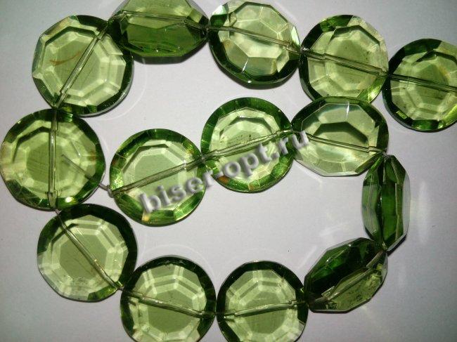 Бусины стекло 5504-1 граненые, плоско-круглые на нитке 9*22мм 15шт (1нит) цвет:041-св.зелёный