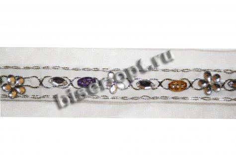 Тесьма декоративная W-031 капрон со стразами 4см (5ярд) цвет:097-коричневый