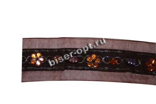 Тесьма декоративная W-031 капрон со стразами 4см (5ярд) цвет:097-коричневый