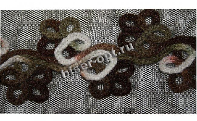 Тесьма декоративная D-215 узор из шерстяного шнура на фатине 45мм (7м) цвет:075-черный