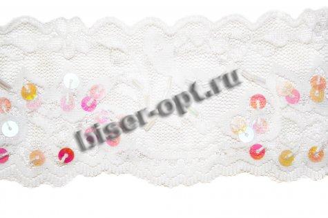 Тесьма A008 кружево стрейч с пайетками и бисером 6см (5ярд) цвет:501-белый